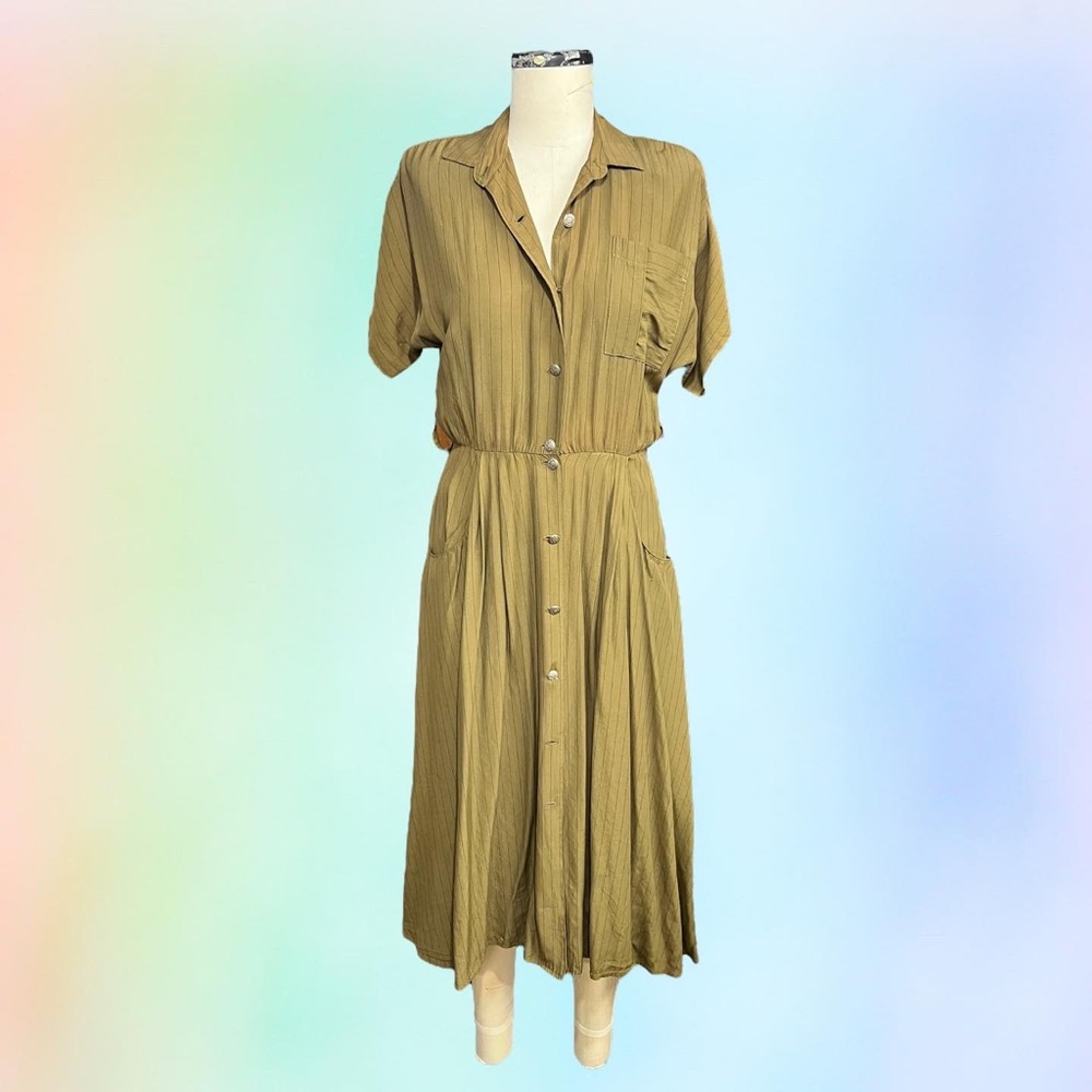 Rabbit rabbit rabbit designs olive green shirt dress with black pin stripes 6